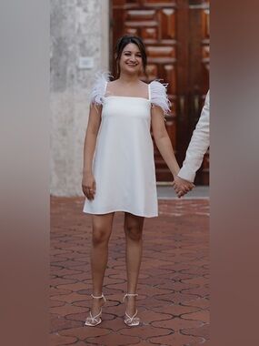 'Malie Ivory Satin Dress with Ostrich Feather Trim